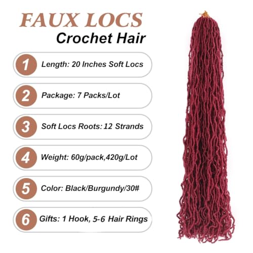 Faux Locs Crochet Hair Burgundy 20 Inch - 7 Pack Soft Locs for Women