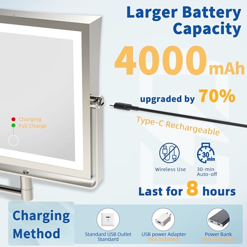 Ruacq Rechargeable Wall Mounted Makeup Mirror with Lights, Double Sided 1X/7X Magnifying Vanity Mirror with 3 Color Lights, Touch Screen Dimmable, 360¡Æ Rotation Extension Foldable (Brushed Nickel)