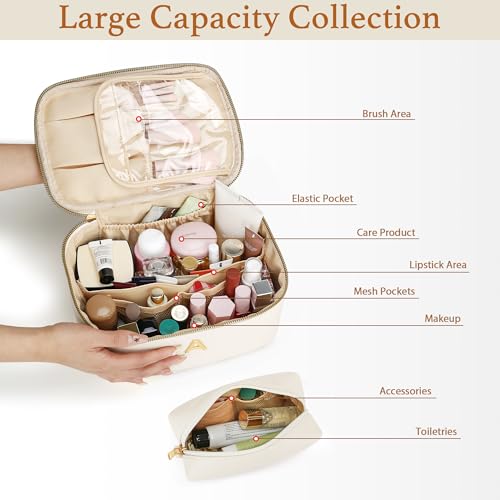 Beige Personalized Initial Travel Makeup Toiletry Bag Gifts for Women - K