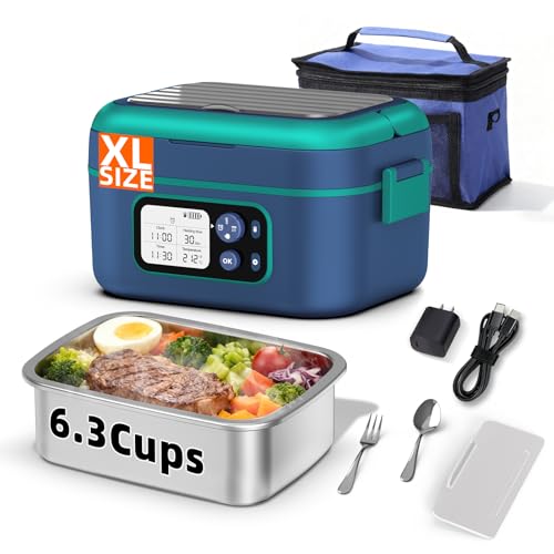 Blue Cordless Heated Lunch Box for Adults XL 6.3 Cups Smart Self-Heating Food Warmer