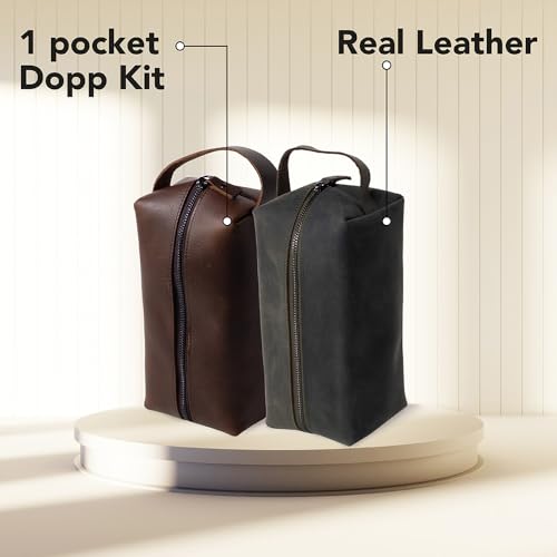 KAAL Crazy Horse Genuine Leather Toiletry Bag, Unisex Travel Toiletry Organizer Dopp Kit Shaving Bag for Accessories (Golden Brown, Large)