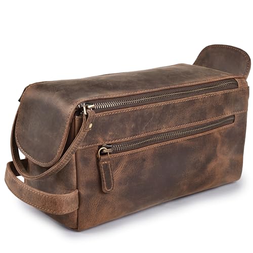 Leather & Latch Distressed Brown Full Grain Leather Toiletry Bag for Men & Women – Water-Resistant Travel Organizer with YKK Zipper
