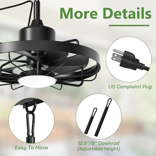Niitawm Black 20'' Outdoor Ceiling Fan with Light, Waterproof Remote & App Control