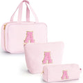 Fystdtote Personalized Initial Makeup Bag Set, Pink Travel Toiletry Bags for Teens 8-16