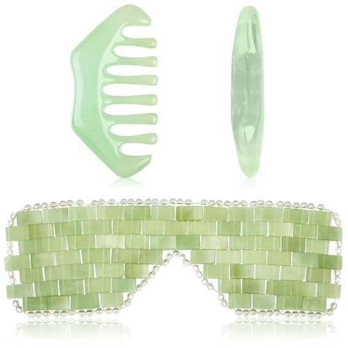 Hercicy 2 Pcs Jade Eye Mask and Hair Comb Set Green Jade Stone Eye Mask White Facial Cooling Set Guasha Scalp Comb Facial Massage Tool for Relax Alleviate Puffiness Esthetician Supply (Classic Color)