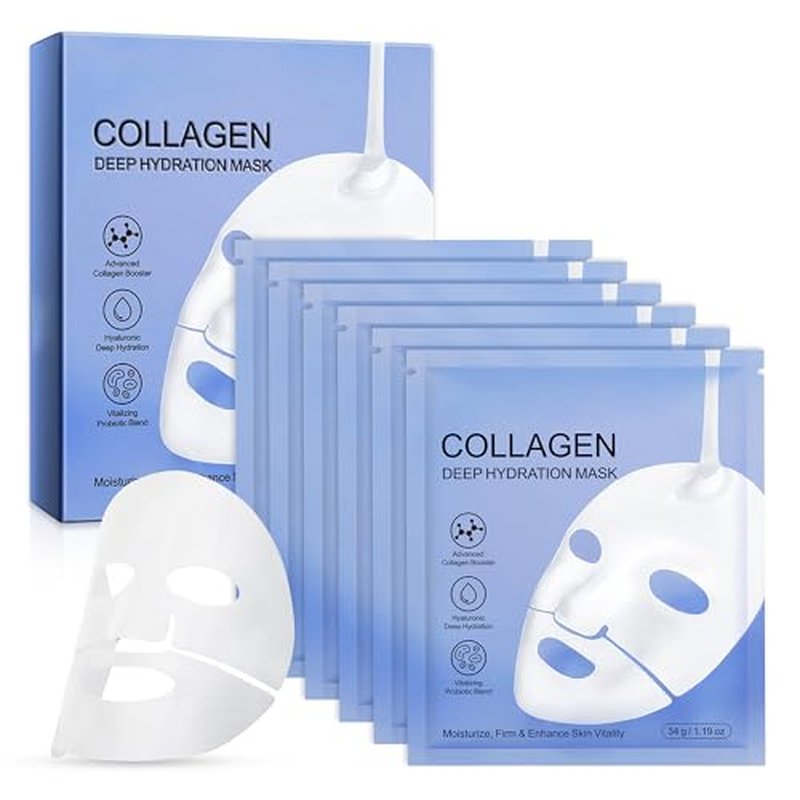 Collagen Face Mask - 6 Pack, Hydrating & Firming Sheet Mask for All Skin Types, Anti-Wrinkle, K-Beauty & Moisturizing Overnight Skincare