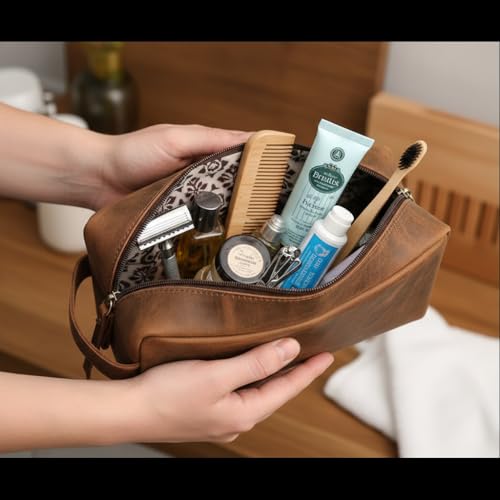 Leather Toiletry Bag, Cosmetic Case, Classy Dopp Kit - Best Gift - Premium Genuine Leather Dopp Kit Shaving Kit Organizer Travel Kit Pouch Bag f - Large Size (Oil pull up) (Dark Brown)