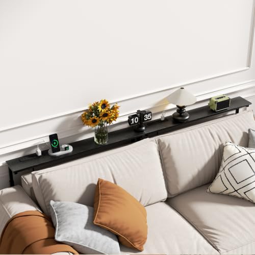 Black Adjustable Height Narrow Console Table with Power Outlets - 90 Inch Sofa Entryway Table