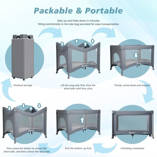 Grey Portable Baby Playard & Travel Crib with Mattress - Foldable, Lightweight & Safe