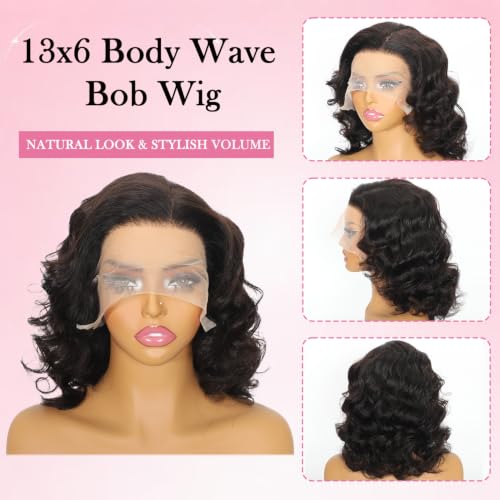 Body Wave Bob Wig Human Hair 13x6 Lace Front 14 Inch Natural Black