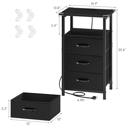Nightstand Set of 2 with Charging Station - Bedside Table with USB Ports, Outlet & 3 Fabric Drawers (Black) (2 Pieces)