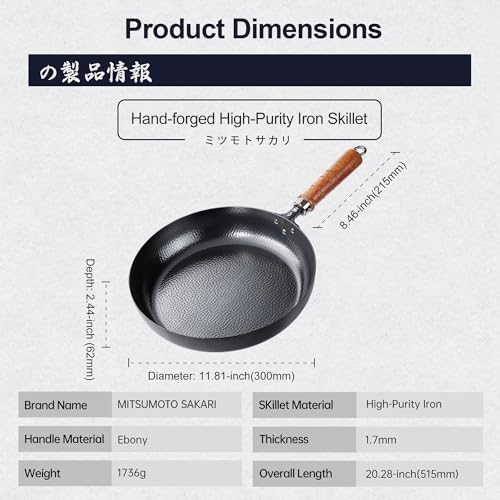 MITSUMOTO SAKARI 12-Inch Japanese Cast Iron Skillet Flat Bottom, Hammered Surface