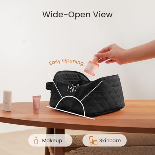 LOVEVOOK Travel Makeup Bag for Women - Medium Black Puffer Cosmetic Organizer Set