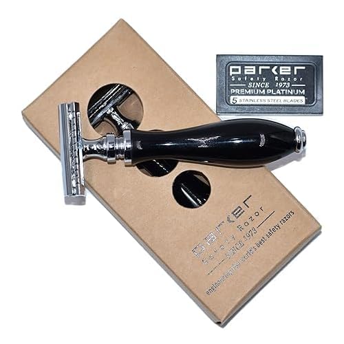 Parker 111B Ebony Handle Three?Piece Double?Edge Safety Razor ? Elegant Weighted Scratch?Resistant Shaving Razor with Premium Blades