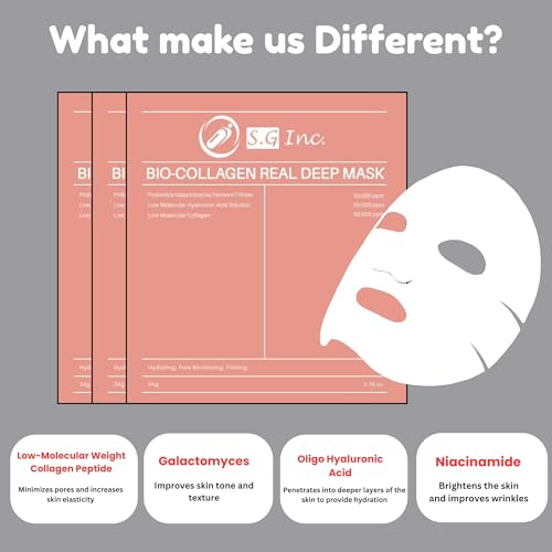 SG Bio- Collagen Real Deep Mask ? Overnight Hydrating Collagen Face Masks Skincare| Anti-Wrinkle,Firming,Pore Minimizing,Elasticity Enhancing | Hydrogel Sheet Mask for All Skin Type. (34g x 6-Pack)