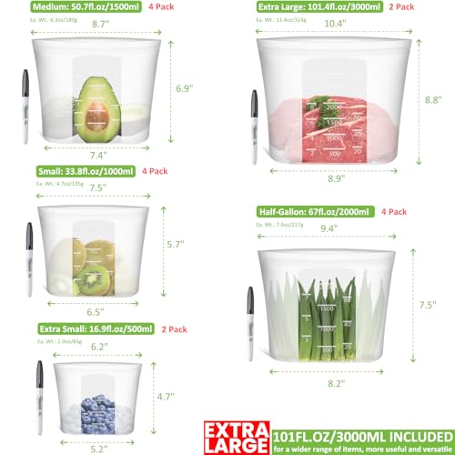 Annaklin 16 Pack Translucent Silicone Reusable Food Storage Bags XL to XS