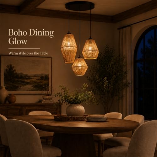 3-Light Rattan Pendant Light - Hand Woven Boho Chandelier, Adjustable Wicker Fixture - A Style