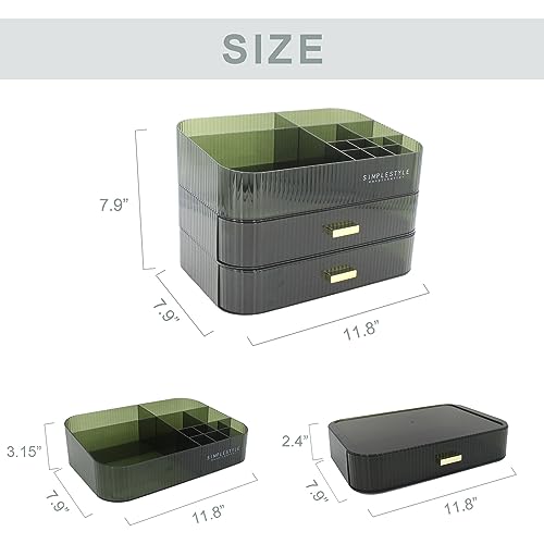 Makeup Organizer with 2 Drawers and Top Tray - Green, Separable & Stackable