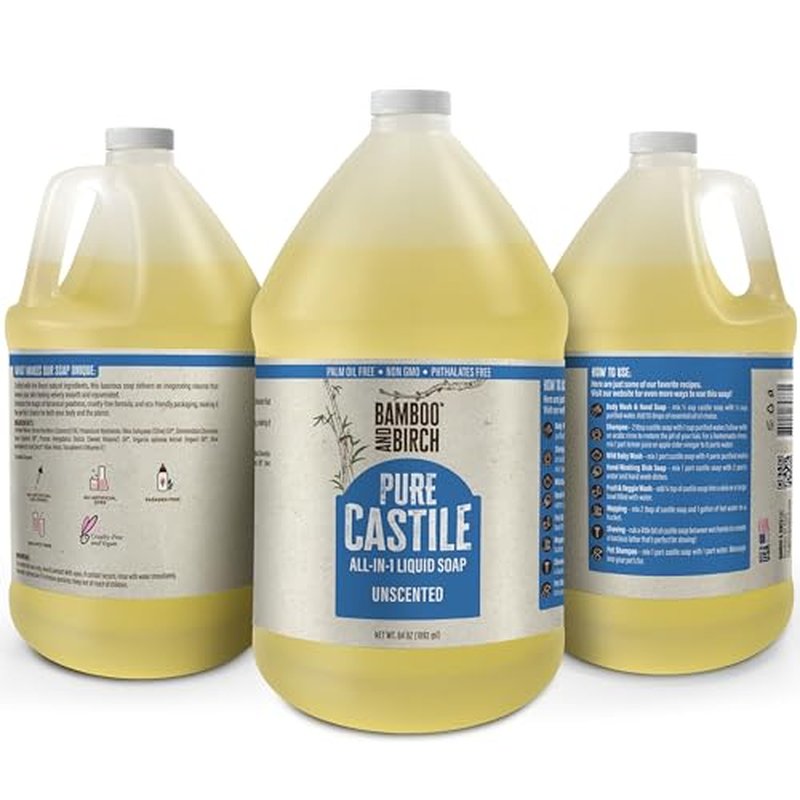 BAMBOO AND BIRCH Pure Castile Soap Liquid, Certified Palm Oil Free Natural Soap, Unscented, 1 Gallon