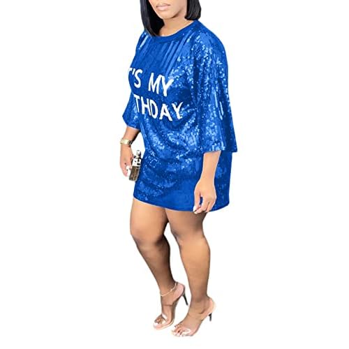 KIRJAUDU Women Sparkly Sequin Mini Dress Crewneck Bling Letter Print Half Sleeve Loose Mini Dress Clubwear