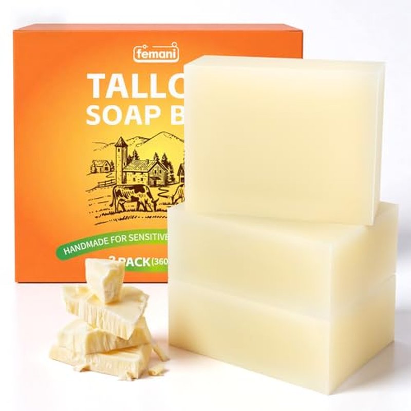 femani Beef Tallow Soap Bar - All Natural and Organic Grass Fed Tallow Soap Unscented - Moisturizes, Soothes, Hydrates Face & Body Wash Great for Itchy, Dry, Sensitive Skin, 12 oz (3 packs)