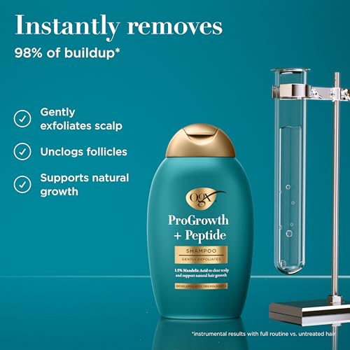 OGX ProGrowth + Peptide Clarifying Shampoo, Gentle Exfoliating Scalp Shampoo Supports Natural Hair Growth by Removing Scalp Build-Up, 1.5% Mandelic Acid, 13 fl. oz