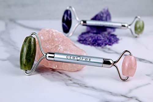 Jade and Rose Quartz Facial Roller for Face and Neck Massage - Dual Gemstones with Travel Bag - Minimize Wrinkles & Puffiness, Boost Skin Elasticity (Variation: Jade + Rose Quartz)