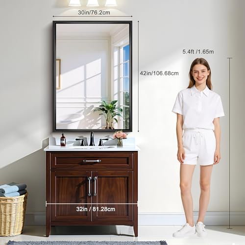 CIRCUMI 30x42 Inch Brushed Black Chunky Rectangular Bathroom Mirror with Frame