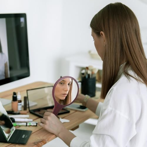 Wooden Handle Makeup Mirror - Handheld Round Cosmetic Mirror for Travel & Home