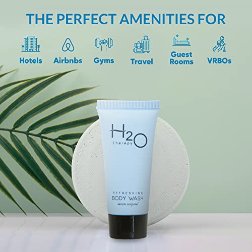 Travel Size Hotel Body Wash 20 Count 0.85 oz Bottles Guest Amenities for Hotels Vacation Rentals and Short Term Rentals Paraben Free Green Tea Scent Infused with Aloe and Olive Oil by H2O Therapy