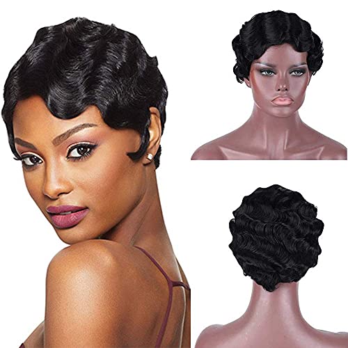 Women's Short Wavy Wig - Black Curly Human Hair 2# - Retro Natural Look