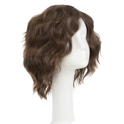 Layered Brown Short Curly Wigs for Men Unisex Cosplay Halloween Anime Wavy Hair - Fluffy & Natural