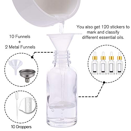 PrettyCare Glass Eye Dropper Bottles 2oz (60ml), 63 Pack Clear Empty Thick Bottles Bulk with Leakproof Golden Caps - With Labels & Funnels for for Storage, Travel,Essential Oils, DIY Serums, Tincture