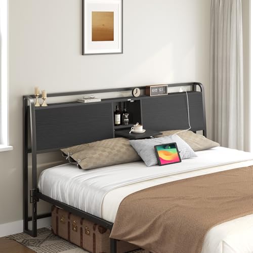 MAHANCRIS Queen Size Headboard with Storage, Dual Power Sockets & Flip Door