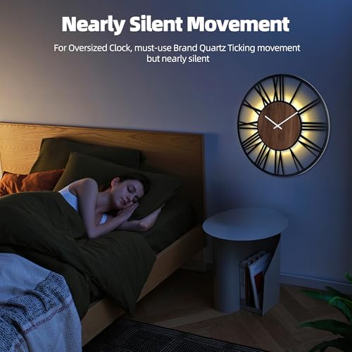 Dark Brown 30 Inch Metal Wall Clock with Voice & Light Sensor Night Light - Roman Numbers