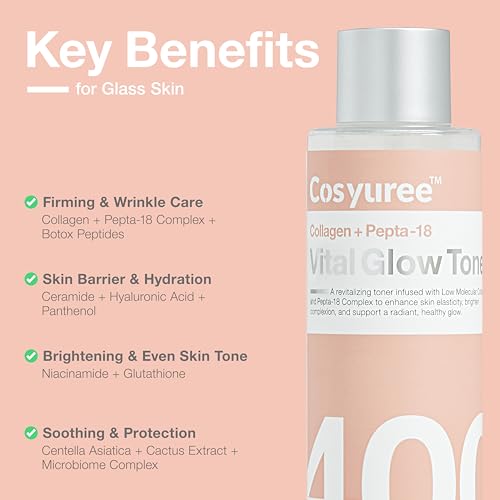 Collagen + Pepta-18 Vital Glow Toner, pH 5.5 Toner, pH Balancing, Absorbing Boost, Calming Skin, Refreshing, Hydrating, Purifying, Korean Skincare, 200ml/6.76 fl.oz