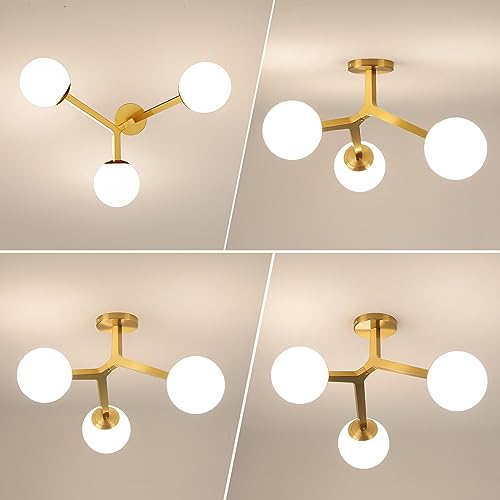 Gold Semi-Flush Mount Ceiling Light Fixture - Modern Sputnik Chandelier with Frosted Glass Shade