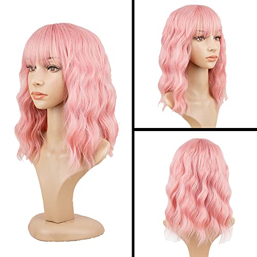 Pink Wavy Wigs with Bangs Short Bob Synthetic Hair for Women & Girls - 14 Inch, Curly, Colorful