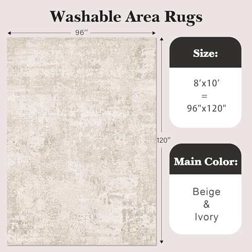 Beige 8x10 Abstract Washable Area Rug for Living Room - Machine Washable, Soft & Stain-Resistant