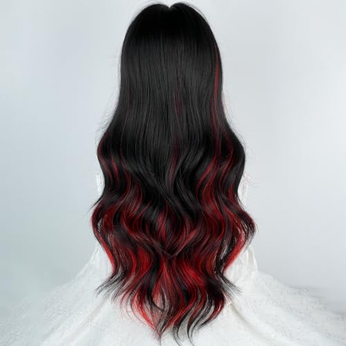 WTHCOS Black Red Ombre Cosplay Wigs for Women Long Curly Wavy Heat-Resistant Synthetic Hair with Curtain Bangs