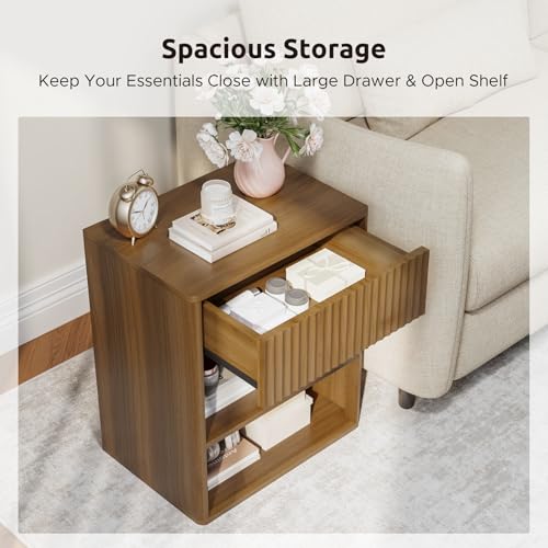 Nightstand Bedside Table with Drawer & Open Shelf - Walnut Brown, Large Mid Century Modern Night Stand with Fluted Wood Storage, Set of 1