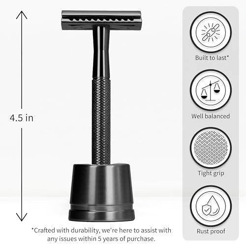 Black Double Edge Safety Razor with Stand & 5 Blades for Men