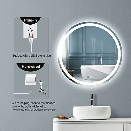 FITLAND 24-Inch Round LED Bathroom Mirror with Anti-Fog Dimmable & 3 Color Temp