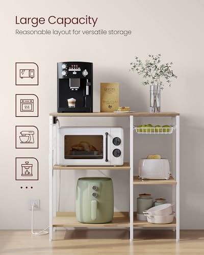 VASAGLE Kitchen Baker’s Rack with Power Outlet, Oak Beige & Ink Black Steel Frame & Wire Basket
