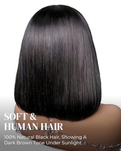 Arabella 12 Inch Natural Black Human Hair Bob Wig, 6x6 Lace Closure, Pre-Cut & Glueless