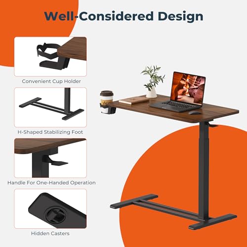 FitStand 28'' Mahogany Overbed Bedside Table with Wheels - Small Size