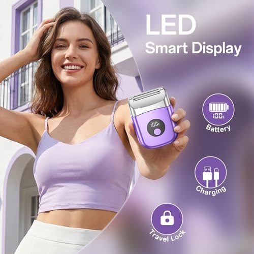 Cordless Electric Razors for Women, Travel Electric Shaver with LED Display, Rechargeable Body Trimmer Shaver for Private Area, Face Underarms Bikini,Lips,arms, Legs (Purple)