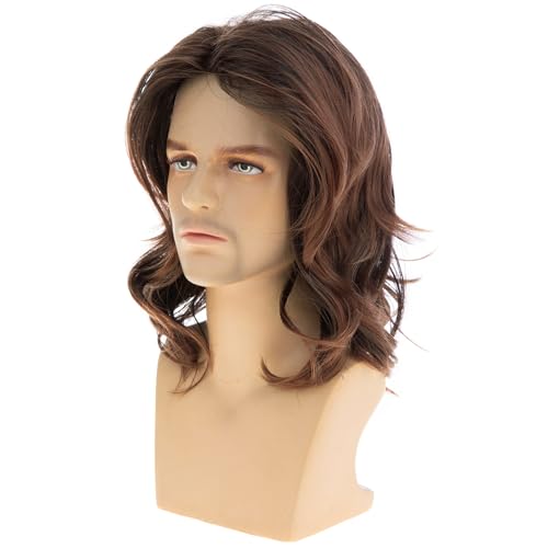Men's Dark Brown Long Wavy Wig - Natural Layered, Heat-Resistant Synthetic Hair for Daily & Cosplay