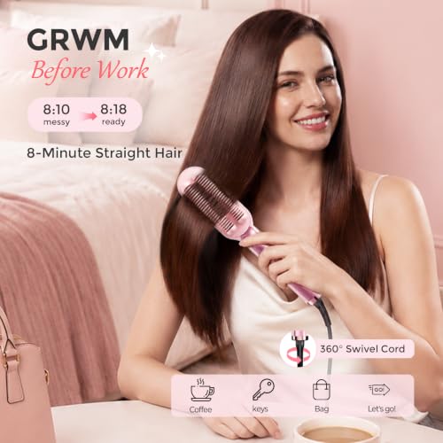 Hair Straightener Brush for Women, Ionic & Ceramic Hot Comb, Pink