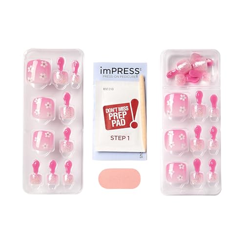 KISS Impress No Glue Pedi 30 Pcs Press on Toenails, Pink Stick on Extension False Nails for Toes, Peel & Press Easy Apply, Hassle-Free Removal, Includes Manicure Stick, Prep Pad & File